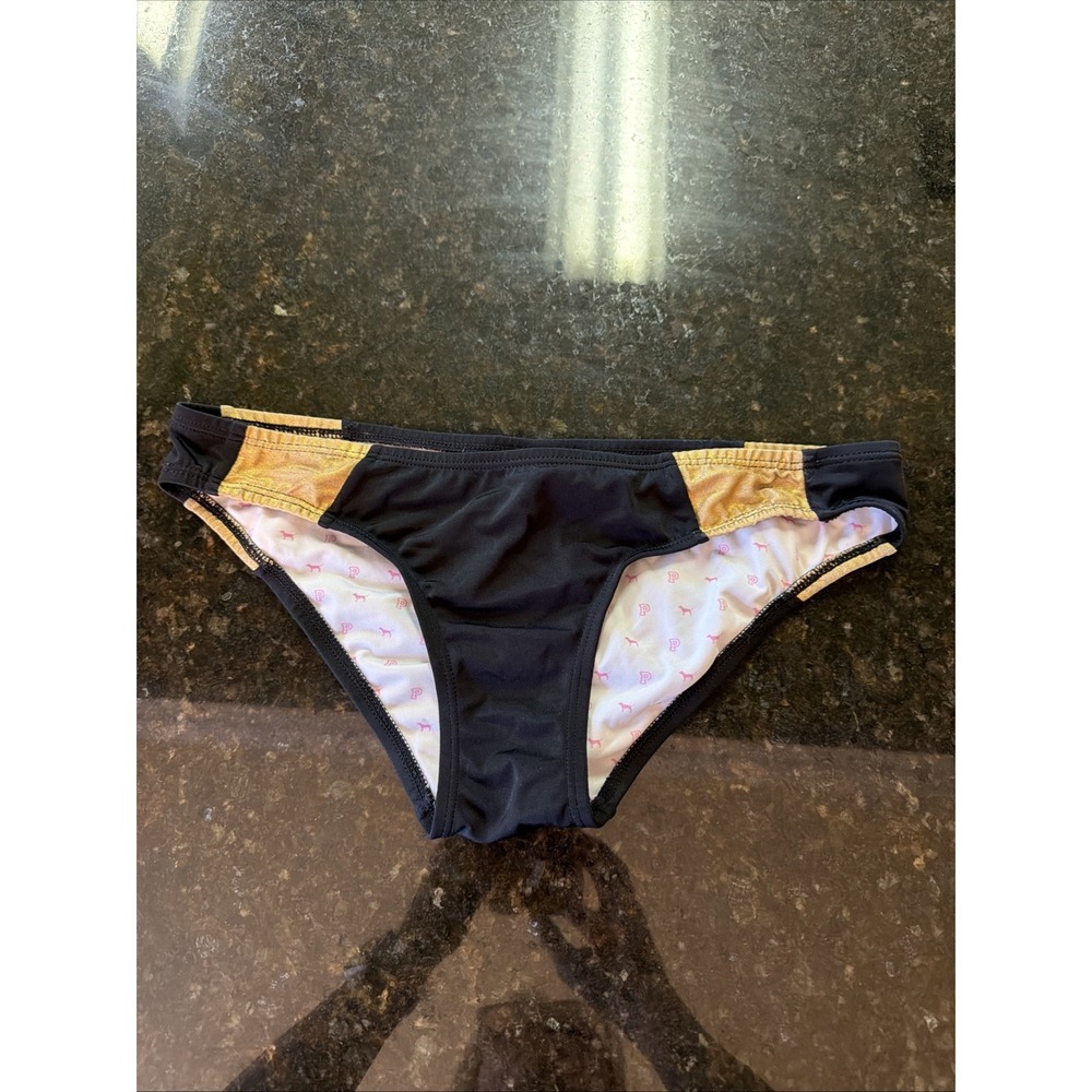 Victoria's Secret PINK Swimsuit Bikini Bottoms Sz S Black Gold Bathing Suit